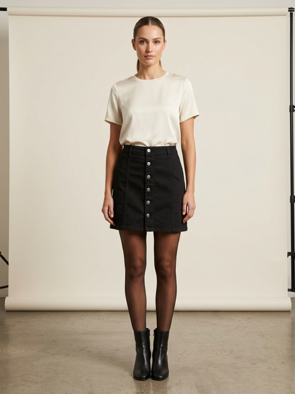 High-Rise Black Button-Front Mini Skirt